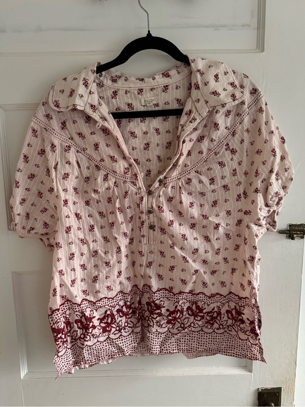 Pilcro Light Pink Floral Button-Front Peasant Blouse with Burgundy Border